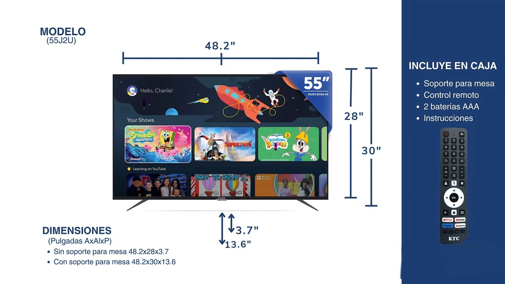 TELEVISOR KTC 55" SMART 4K UHD/QLED/HDMIx3/USBx2/AND11/GOOGLE TV (55J4UATC)