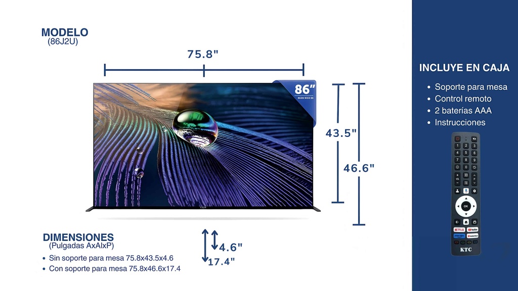 TELEVISOR KTC 86" SMART 4K UHD/QLED/HDMIx3/USBx2/AND11/GOOGLE TV (86J2U)(J86QDC)