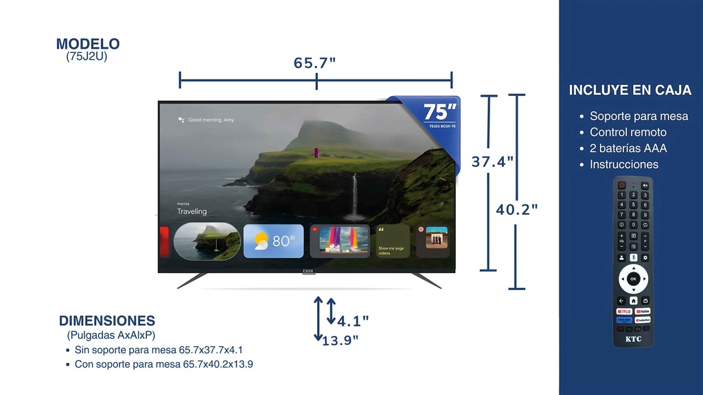 TELEVISOR KTC 75" SMART 4K UHD/QLED/HDMIx3/USBx2/AND11/GOOGLE TV (J75QD)