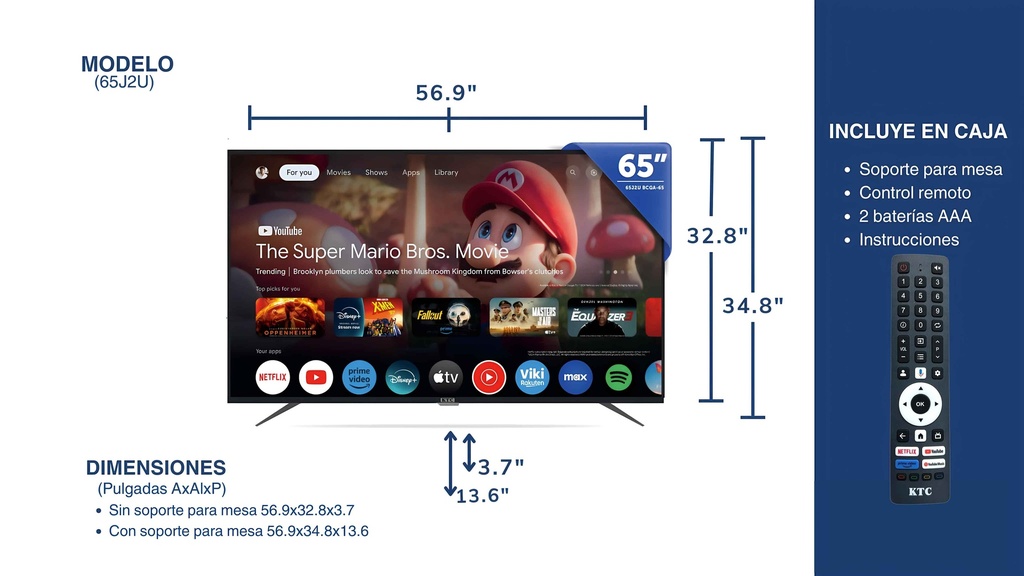 TELEVISOR KTC 65" SMART 4K UHD/QLED/HDMIx3/USBx2/AND11/GOOGLE TV (J65QD)